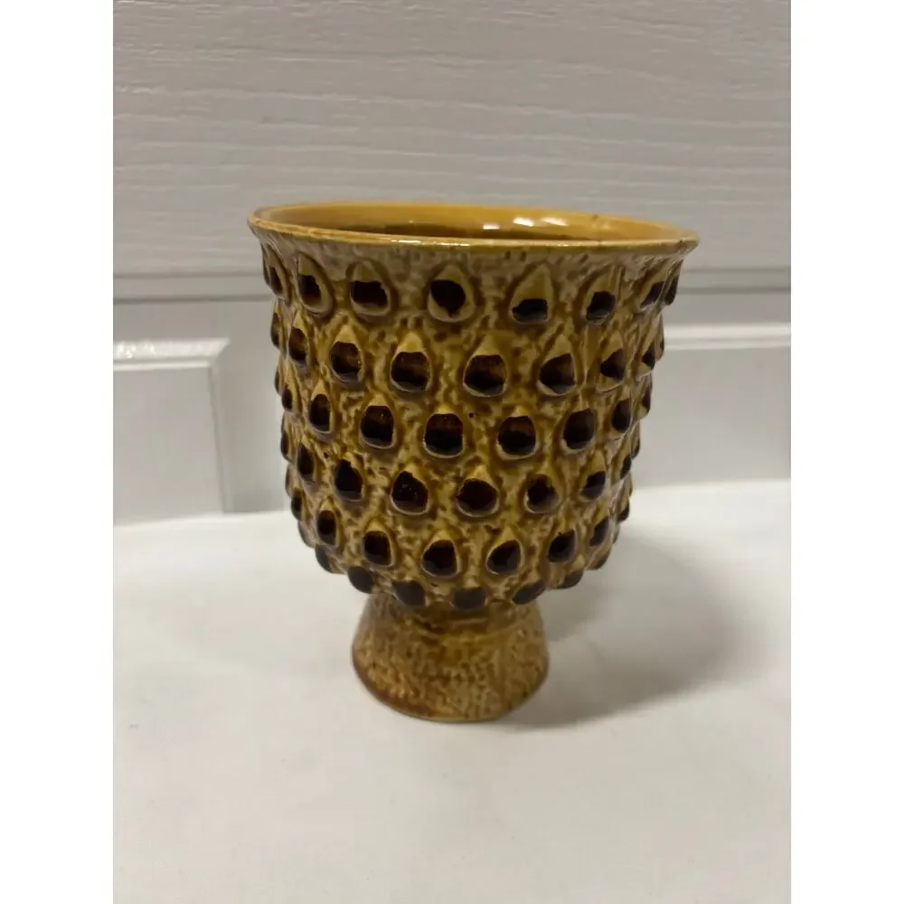 Vintage Japanese Pedestal Vase Brown Textured Ceramic Planter Mid Century Decor
